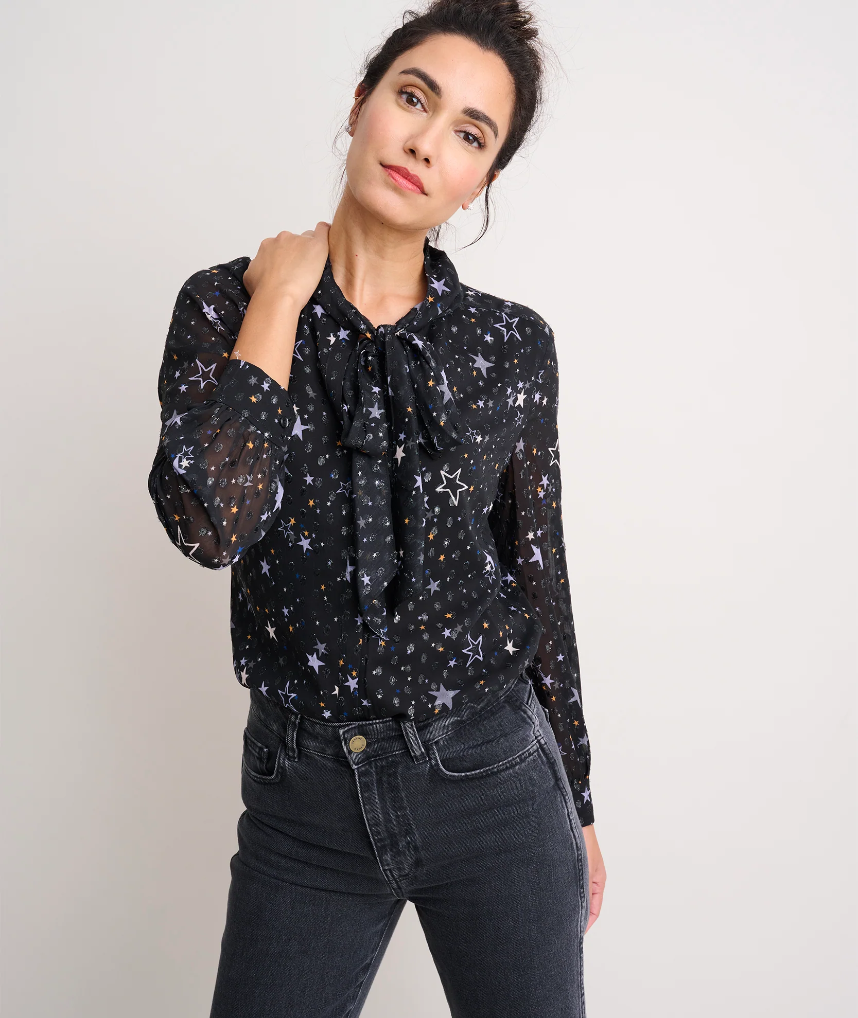 Star Print Tie-Neck Colette Shirt - Image 3